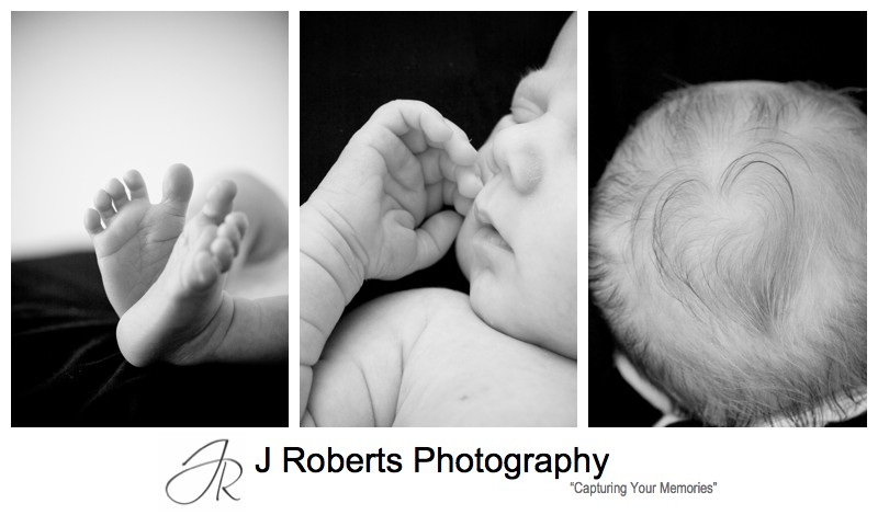 Newborn baby boy details feet, hands and heart shape in hair - newborn baby portrait photography sydney